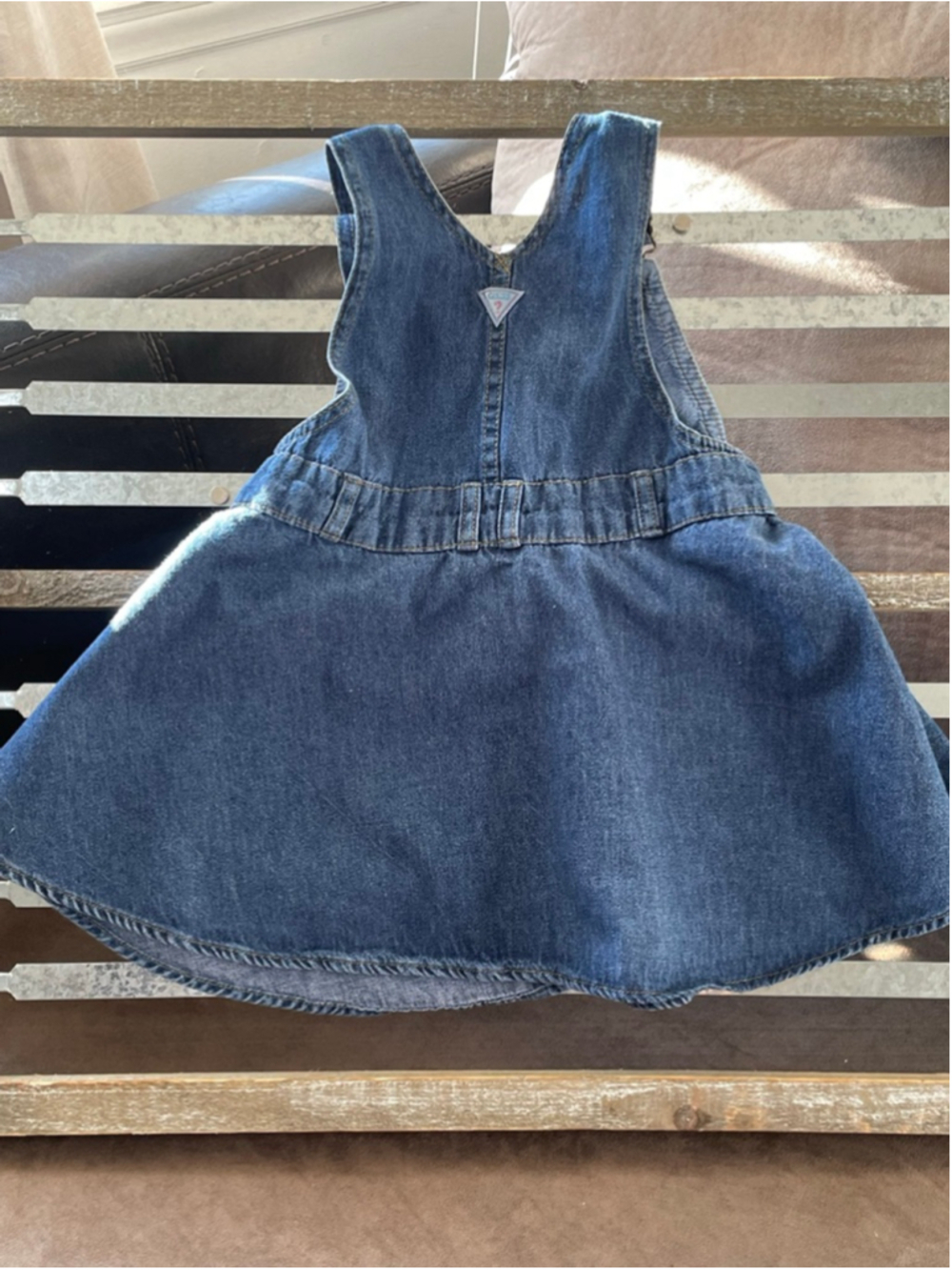 Vintage Baby Guess Blue Denim Pinafore Dress 3T Georges Marciano Leather Patch - Picture 7 of 9